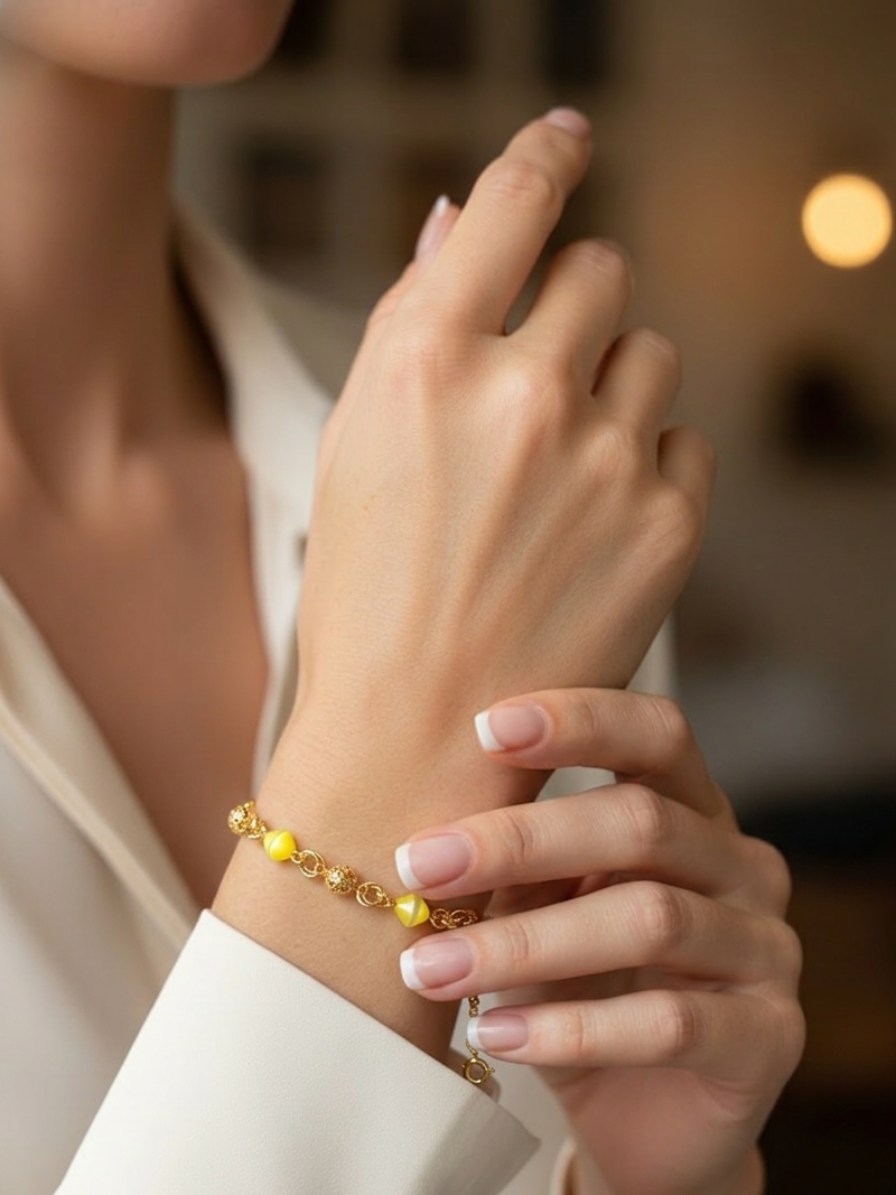 Pulseira Pedras Amarelas e Esferas Vazadas | Ouro 18k ou Prata 925