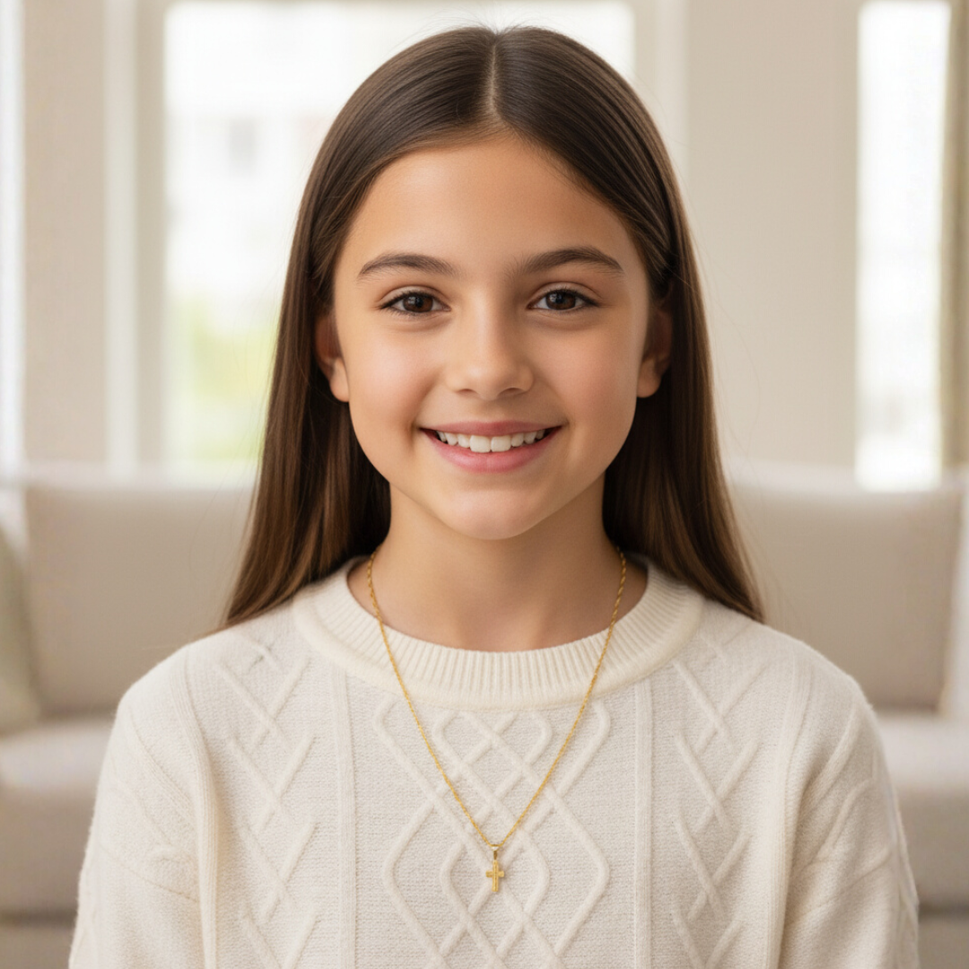 Colar Infantil Mini Cruz Banhado a Ouro 18K ou Prata 925 Delicado | Criança e Adolescente
